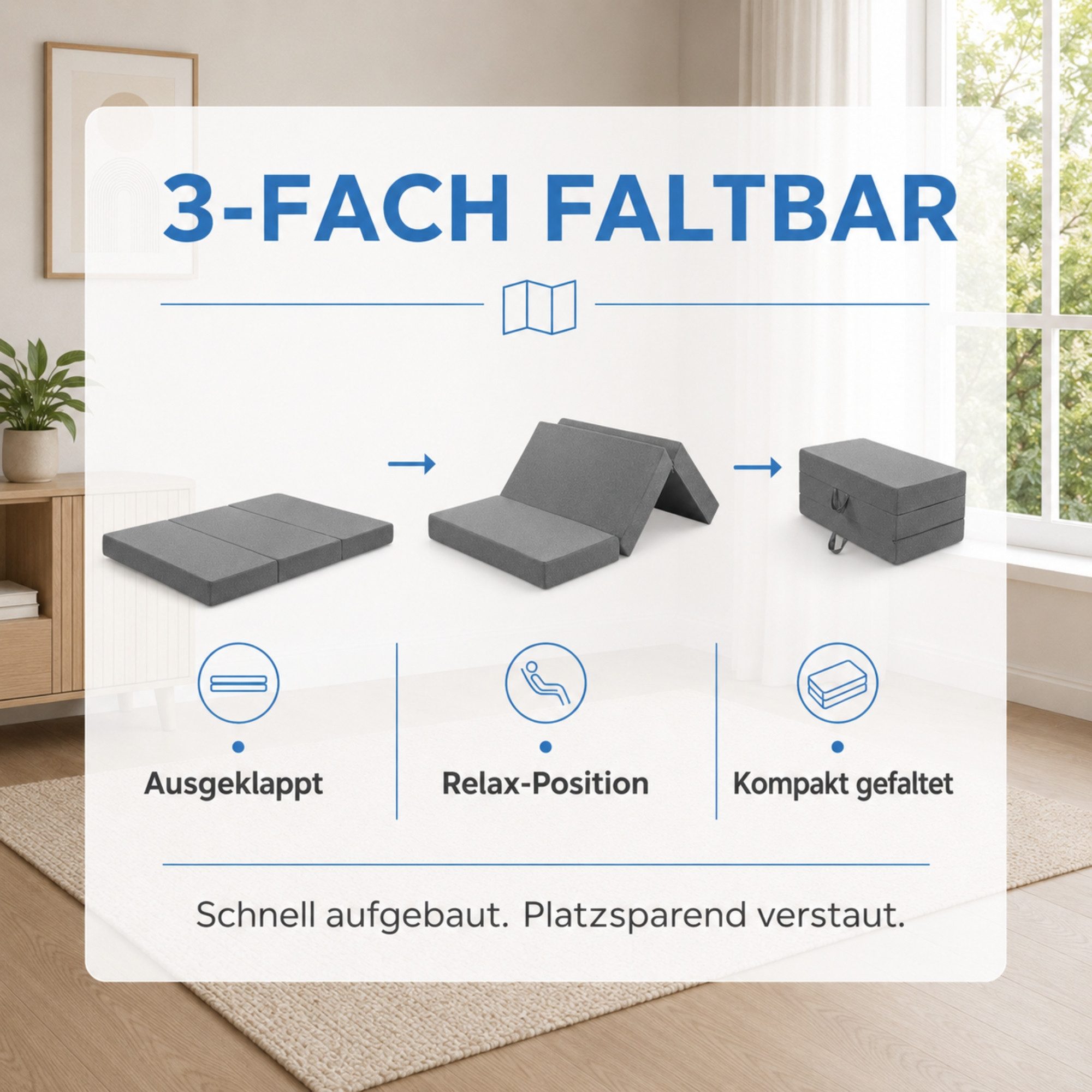 Klappmatratze LUISA Gästematratze, 3-fach faltbar, Gel Memory Foam, 15 cm hoch, Arensberger, 15 cm hoch, (140 x 200 cm, 140x200cm), 5 Schichten, Tragetasche, pl – Bild 4 von 5