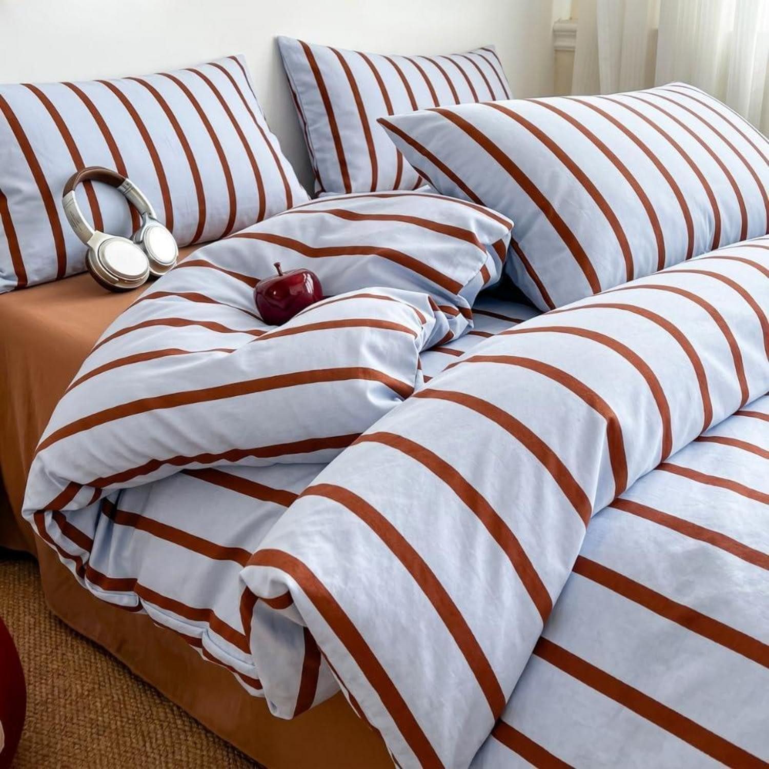 LuxusKollektion Bettwäsche Bettwäsche 220x240 Blau Braun Gestreift