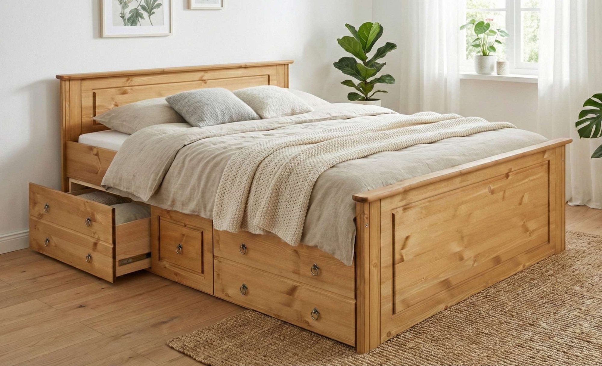 OTTO home Massivholzbett Hugo, FSC® zertifiziert, Landhausstil, zeitlos und edel (auch als Super Sparset inklusive Schubkästen auf beiden Seiten), Stauraumbett, extra belastbar, Made in EU, viele Breiten