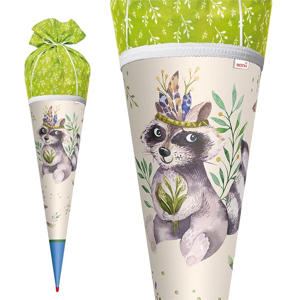 Roth Schultüte Lieblingsstück Willi Waschbär, 70cm, runde Stoff Zuckertüte, Waschbärmotiv, Stoffverschluss, weiße Borte, ROT(H)-Spitze, Schulstart