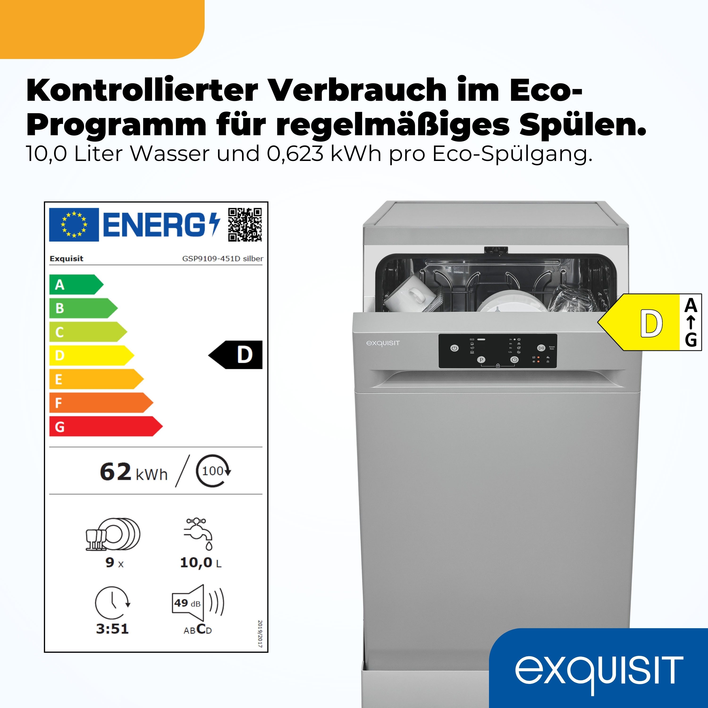 exquisit Standgeschirrspüler 9109 GSP9109-451D silber, 10 l, 9 Maßgedecke, 9 Maßgedecke, 4 Programme, LED, Besteckkorb