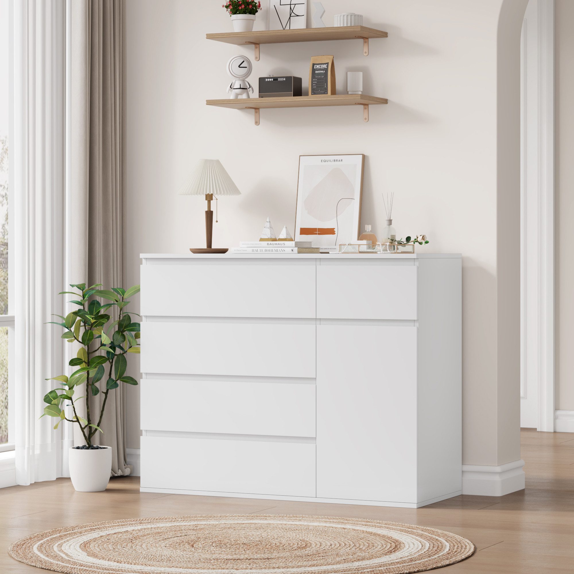 Homfa Kommode, weiß mit 5 Schubladen und 1Tür, Sideboard 100x80x40cm