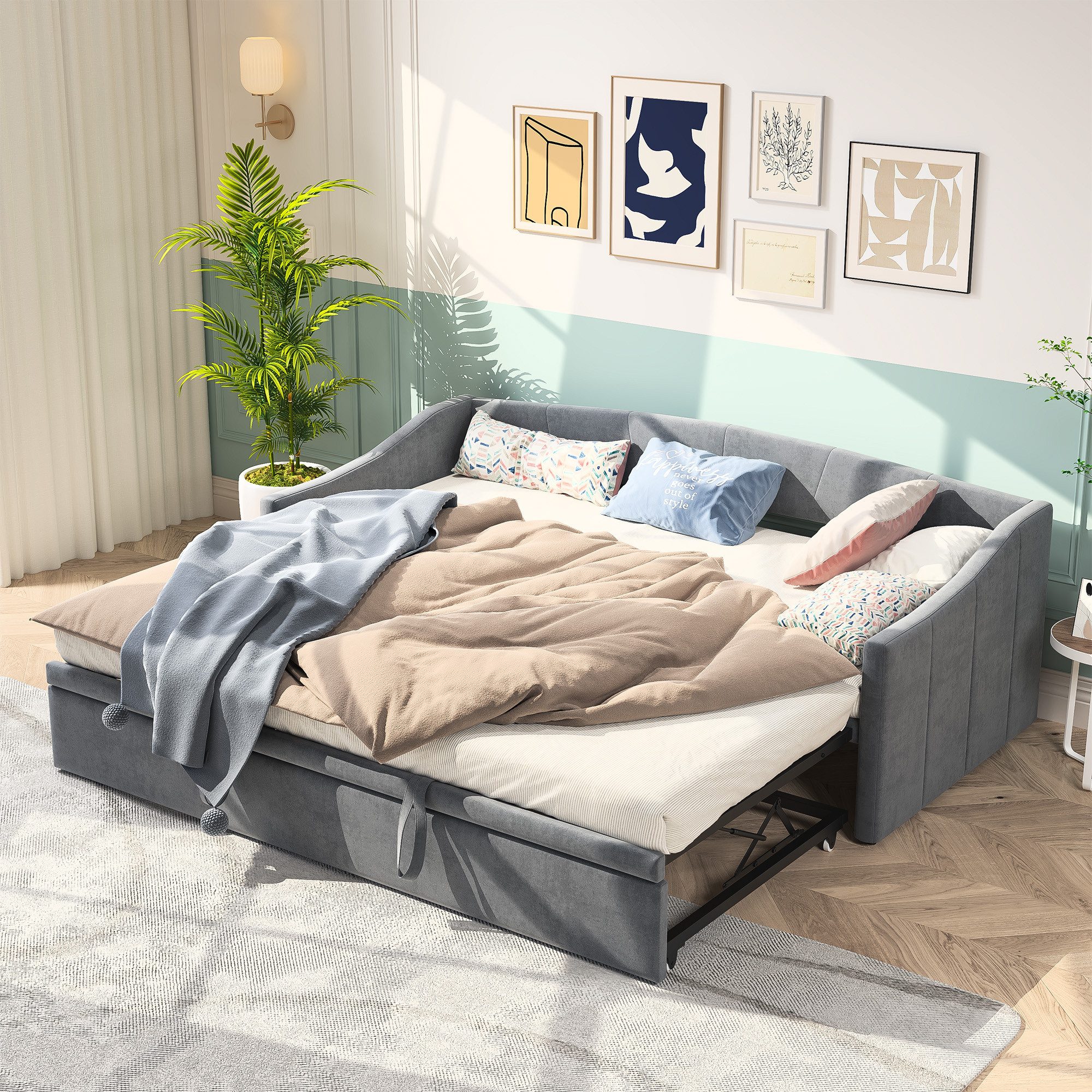 FUROKOY Schlafsofa Daybett Polsterbett Tagesbett mit Lattenrost, Schlafsofa Ausziehbett 90/180x200cm,Samt,Grau