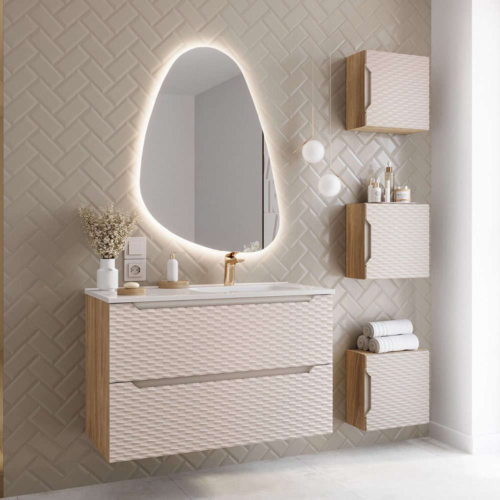 Lomadox Badmöbel-Set OLUO-56-BEIGE, (Spar-Set, 5-St., LED-Spiegel Waschtisc günstig online kaufen