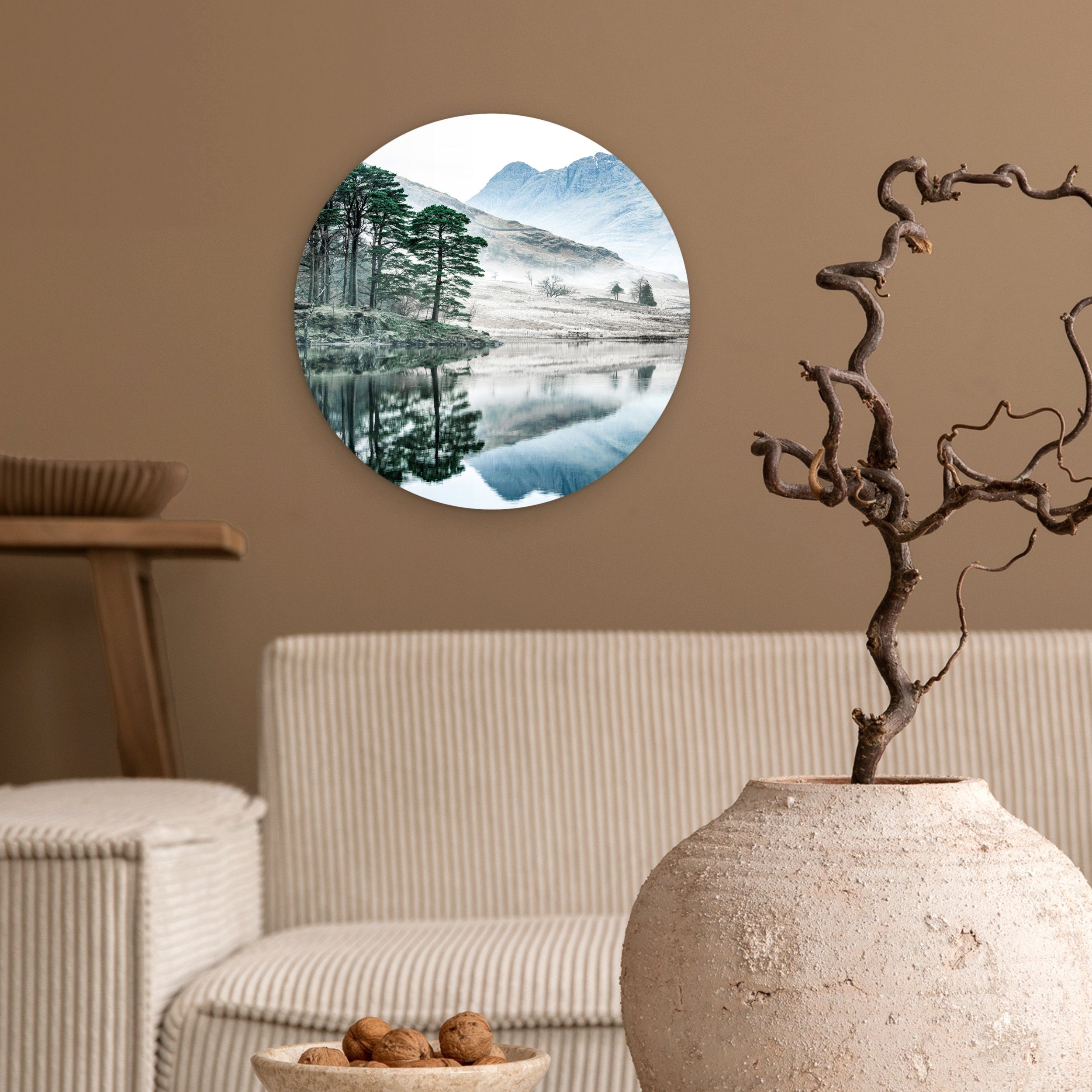 Wohnzimmer, Berge Forex, Winter Gemälde Wandbild, - Natur Wald, 30x30 - St), - Kreis Wanddekoration MuchoWow cm (1 Rundes