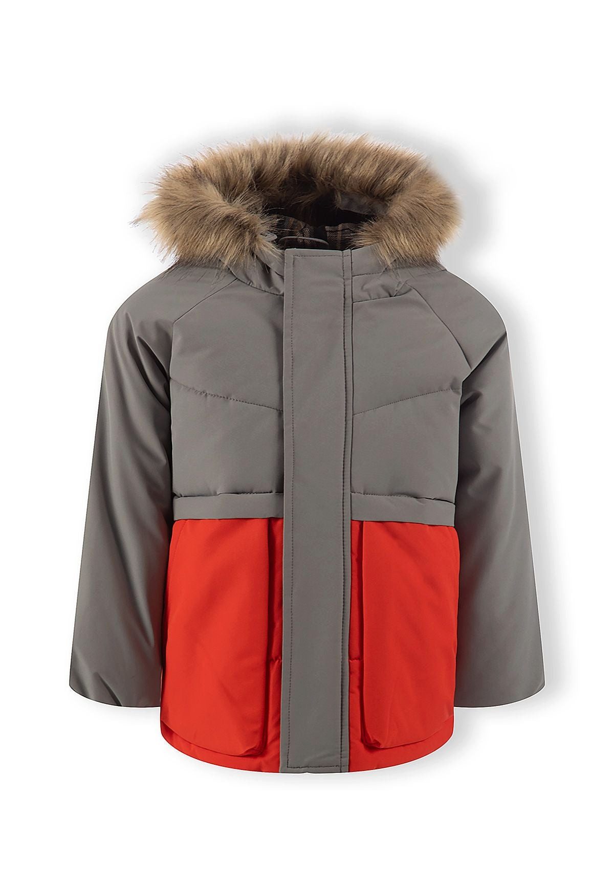 MINOTI Parka für Jungen, Winterjacke mit Kunstfellkapuze, wattiert mit Karofutter