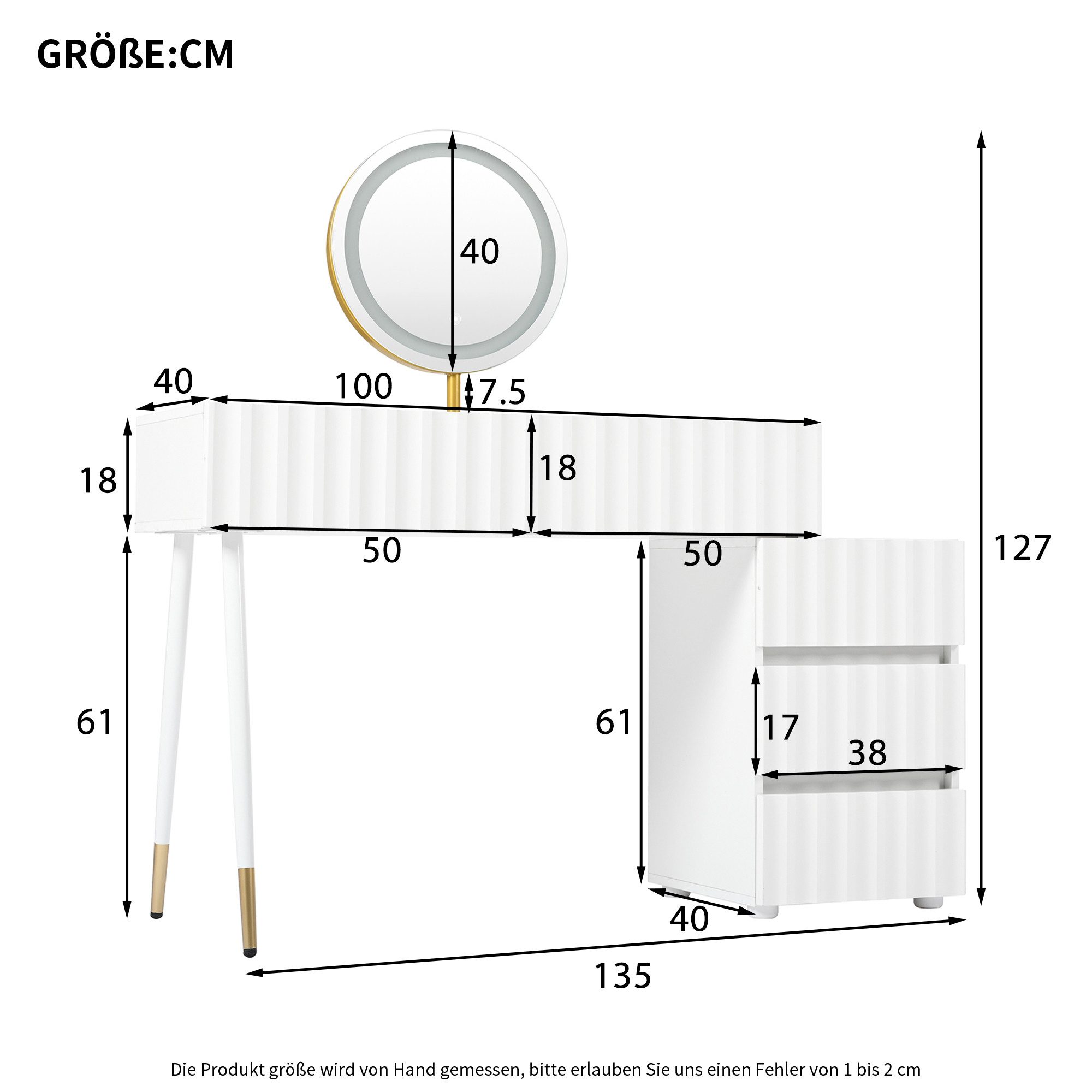 i@home Schminktisch mit LED-Spiegel, 5 Schubladen, Weiß, 100×40×127 cm (Sch günstig online kaufen