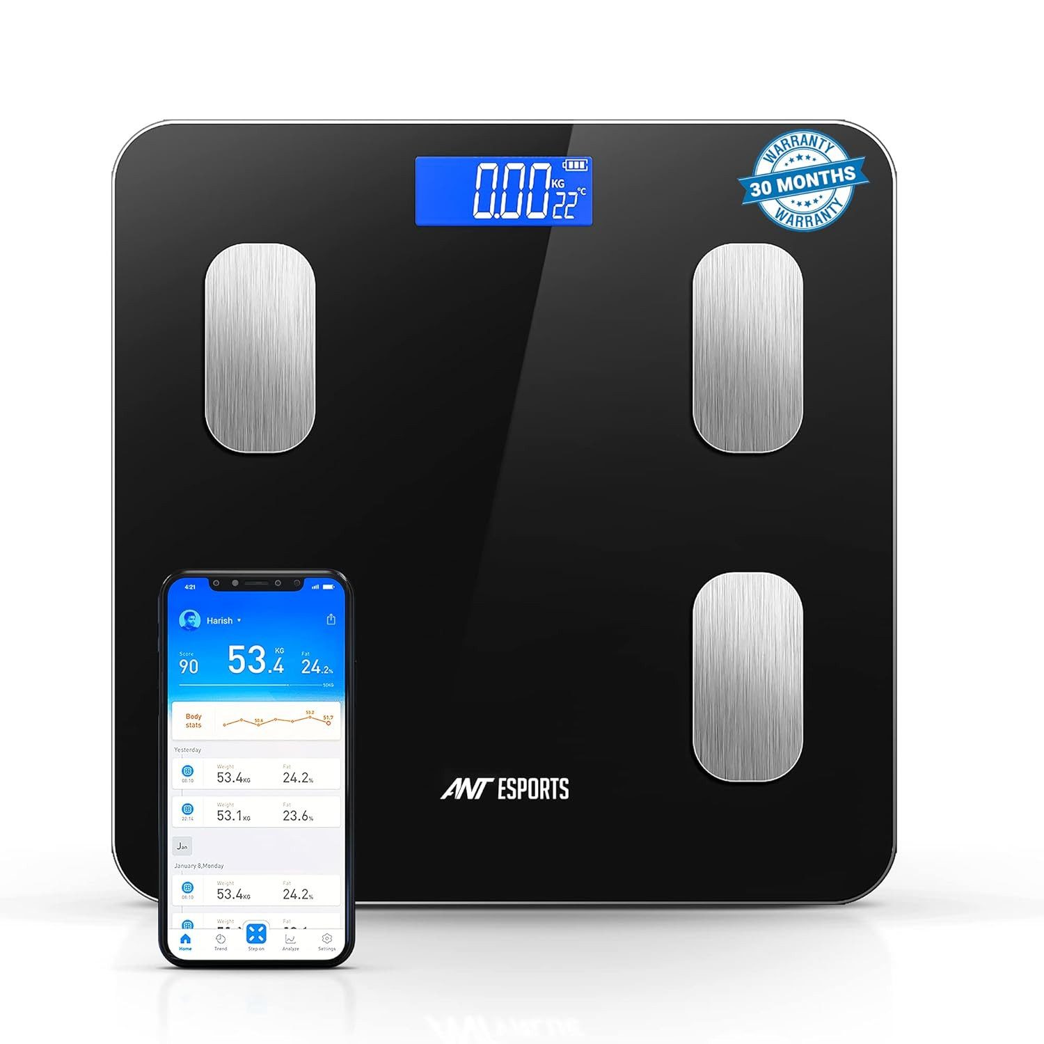 ANT ESPORTS Personenwaage Flora Smart Scale, Digitale Personenwaage, Auf 0,1 kg genau, Körpergewichts- und Fettmonitor, Muskel-BMI, Elektronischer Bluetooth-Körperzusammensetzungsmonitor