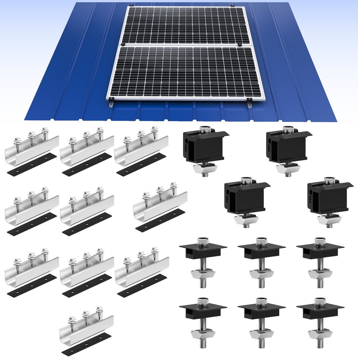 Rhein Beleuchtung Solarmodul-Halterung Balkonkraftwerk Halterung für 4 PV Module – Solarmodul Halterung, (bis 90 Zoll, Set, 10-tlg., 10 Schienen, 30–40 mm, für Balkon, Flachdach & PV-Anlagen, Verstellbare Solarpanel Halterung aus Aluminium, rostfrei & stabil)