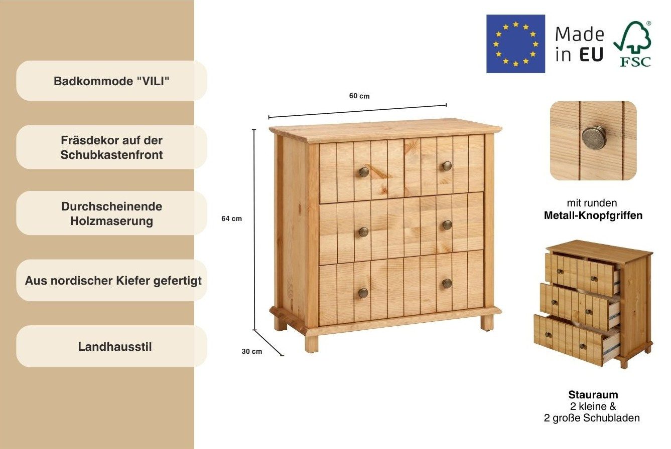 Home affaire Badkommode Vili, Badezimmerschrank, Unterschrank, 4 Schubladen, aus Massivholz