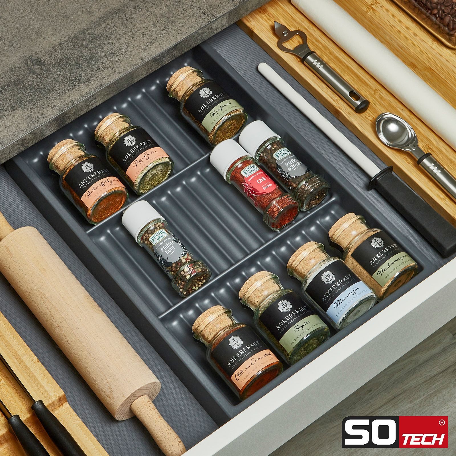 SO-TECH® Schubladeneinsatz SEPARADO Individual (300 x 474 x 51 mm) ab 40cm Schrankbreit (1 St), Gewürzgläsereinsatz schiefergrau genarbt für Gewürzdosen – Bild 3 von 5