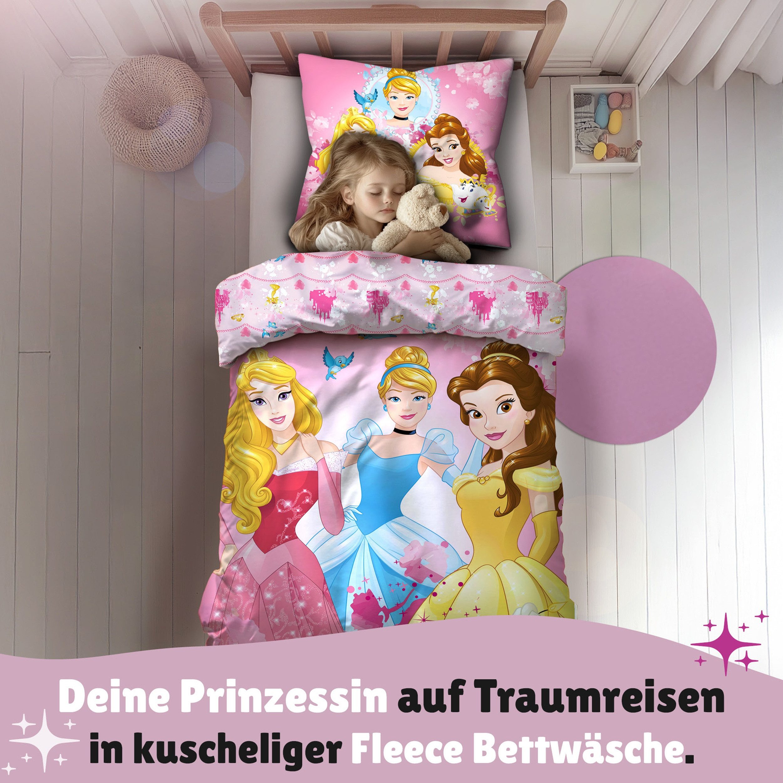Familando Kinderbettwäsche Disney Prinzessinnen, Set 135x200 80x80 cm Fleece, Reißverschluss, Fleece, 2 teilig, extra flauschig und weich, mit Wendemotiv