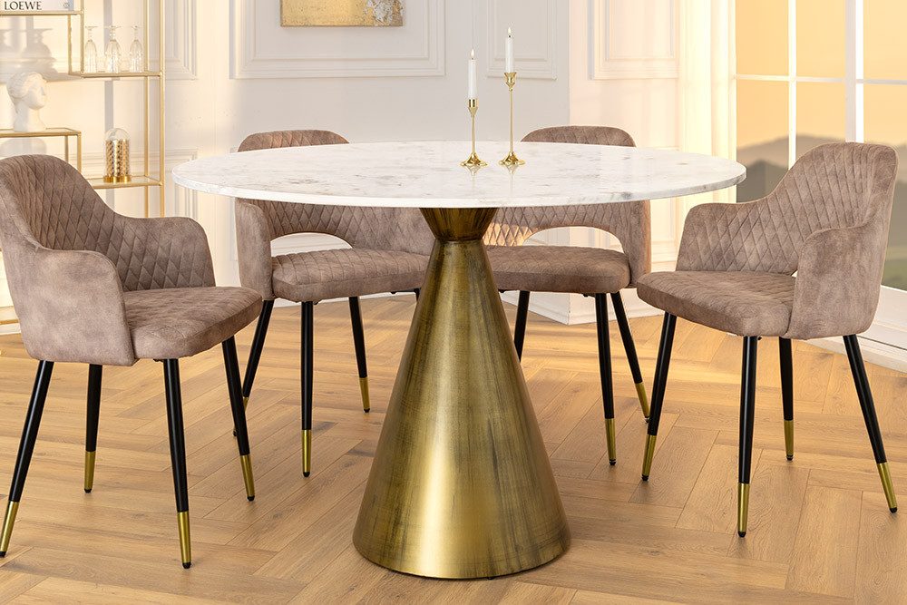 riess-ambiente Esstisch ELEGANCIA 100cm messing / weiß · runder Bistrotisch mit Marmor-Platte (Einzelartikel, 1-St), Säulenfuß aus Eisen · Küchentisch · handmade · Modern Design