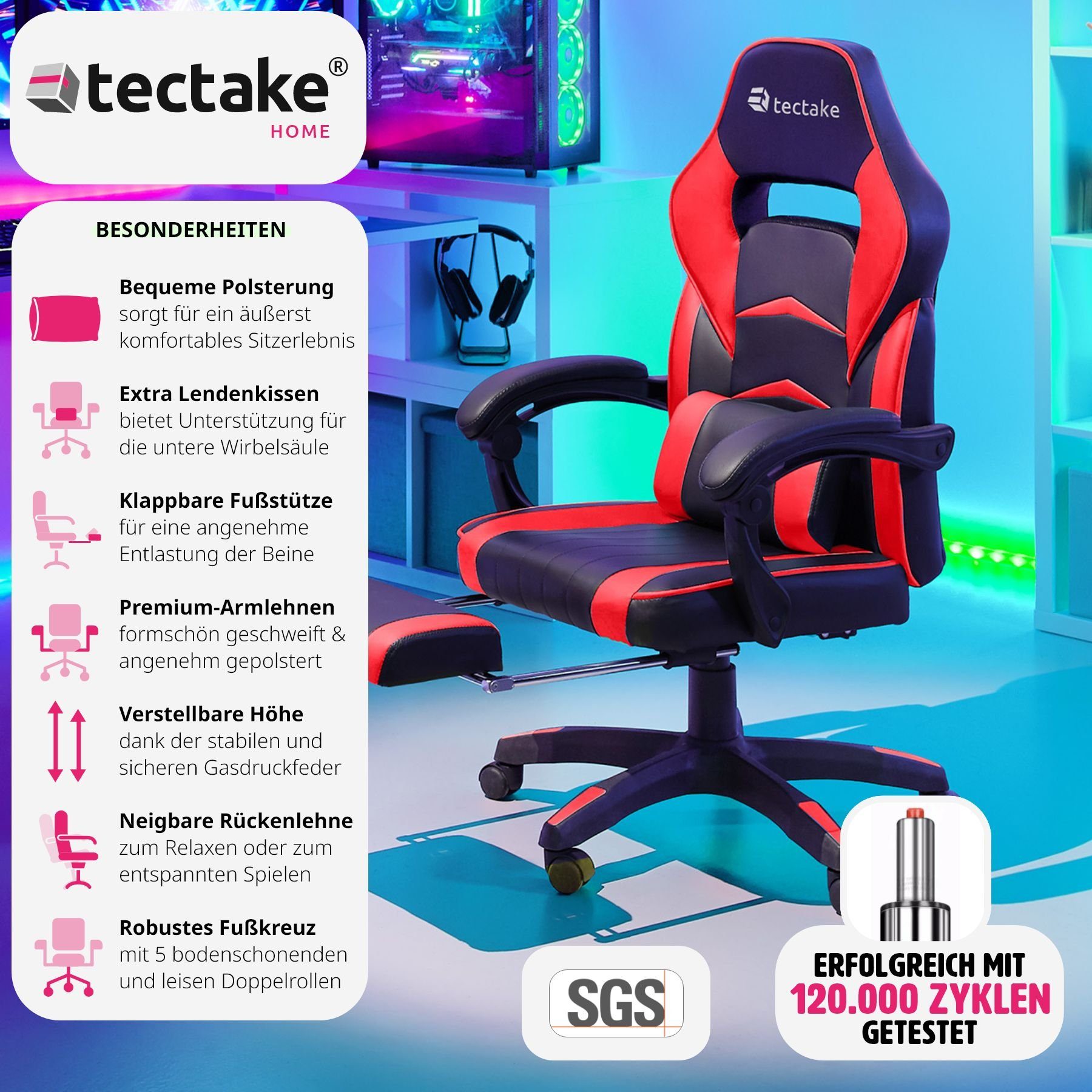 tectake Gaming-Stuhl Comodo St), Fußstütze schwarz/rot (1er, 1