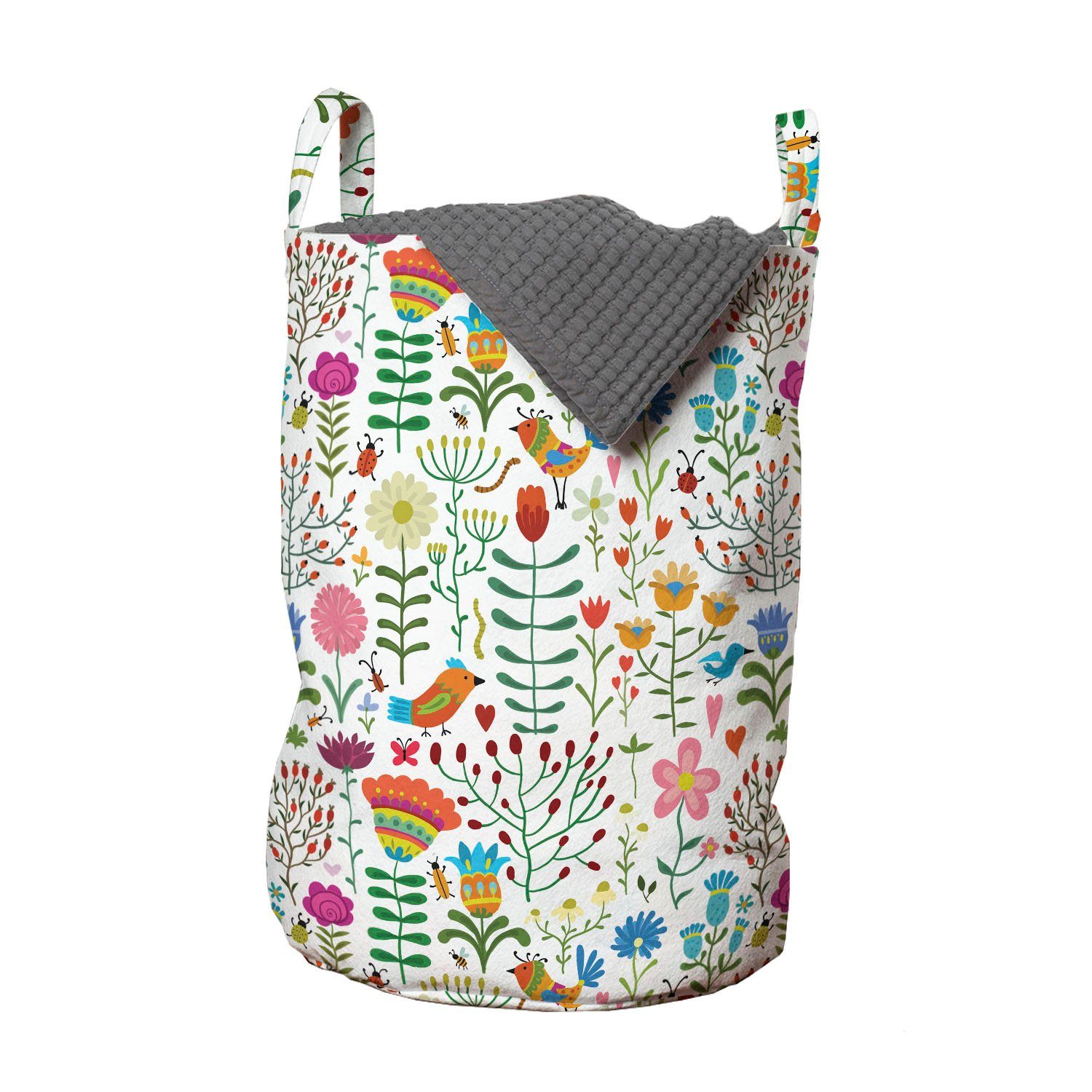 Abakuhaus Wäschesäckchen Wäschekorb mit Griffen Kordelzugverschluss für Waschsalons, Blumen Doodle Wald Habitat
