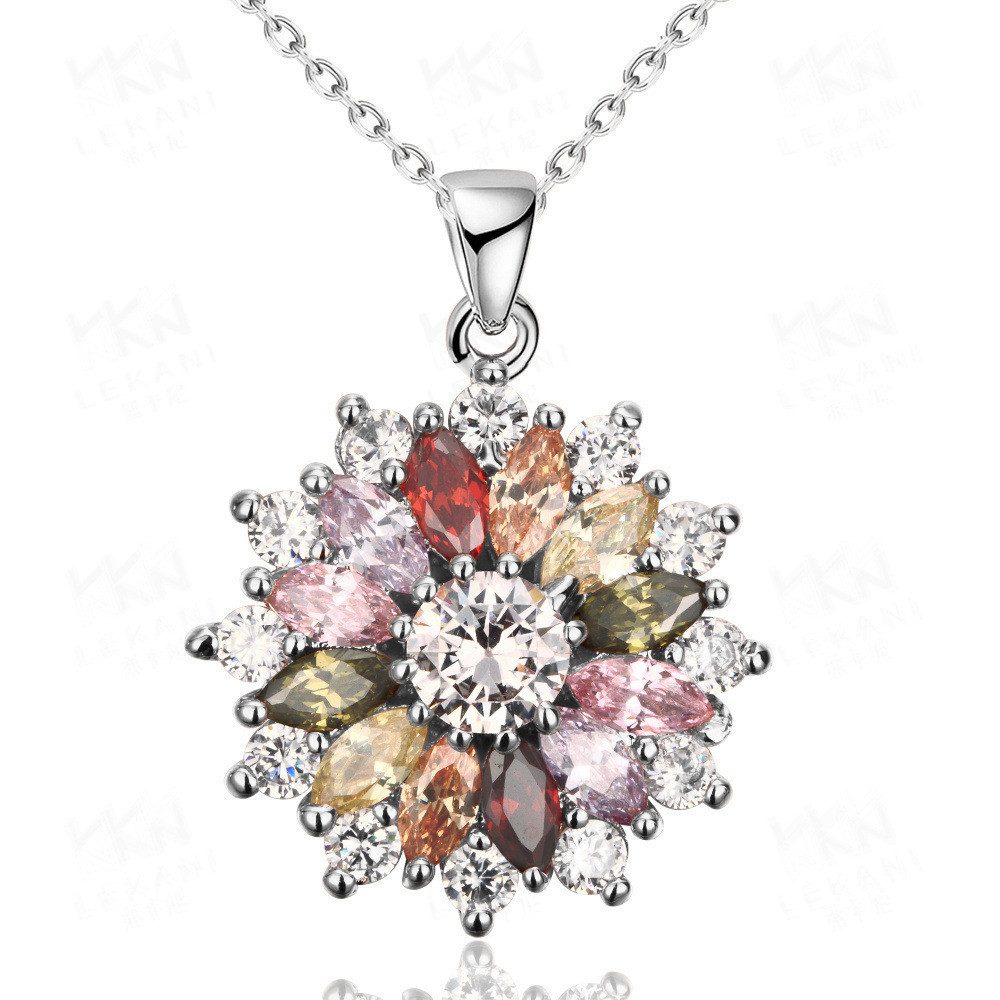 RAIKOU Collier Damen Halskette Blumen Anhänger mit bunten Zirkonia Silber/Rosen Farbe, Anti-Oxidations-Schmuckbox