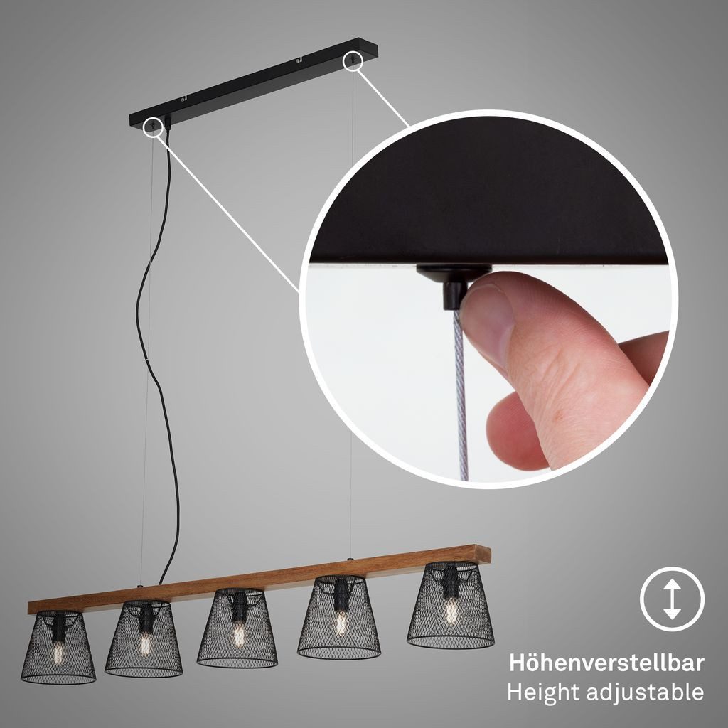 Briloner Leuchten LED Pendelleuchte 4077-055, ohne Leuchtmittel, 2700K - Extra-Warmweiß, Pendellampe Metall Holz, höhenverstellbar, schwarz