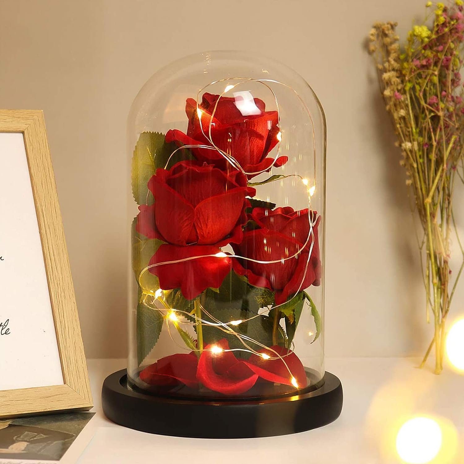 für Glaskuppel, Rose Geburtstag, im cm, Jubiläum, Valentinstag, Rot Höhe in Glas, Weihnachtstag Hauptdekor Kunstblume Ewige Seide 3 Rose 20.3 Bedee,