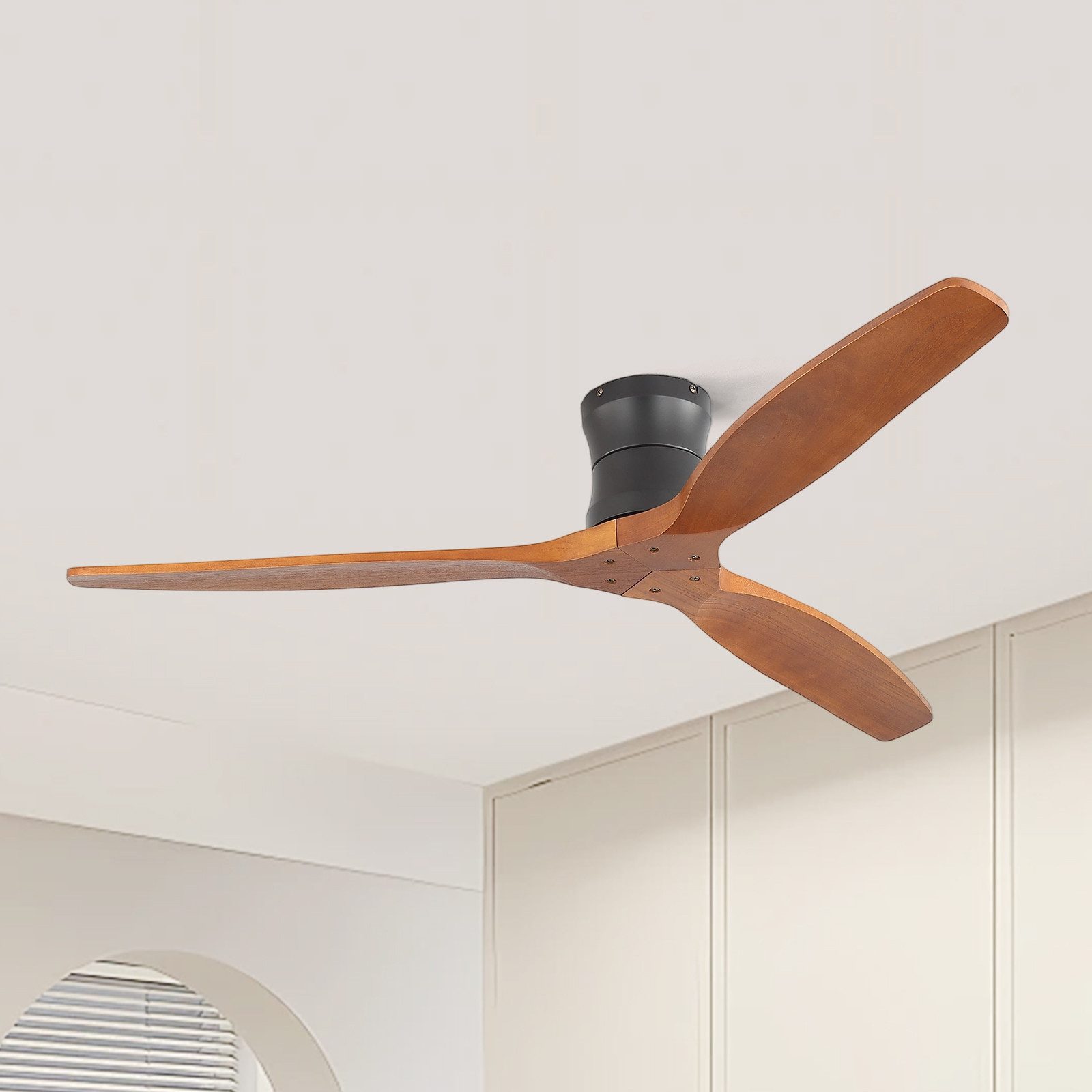 Sofucor Deckenventilator mit 3 Echtholzflügeln, leiser DC-Motor, 6 Geschwindigkeiten, Φ 132cm, mit Fernbedienung, Timer (1/4/8 h), ohne Leuchte und Aufhängung