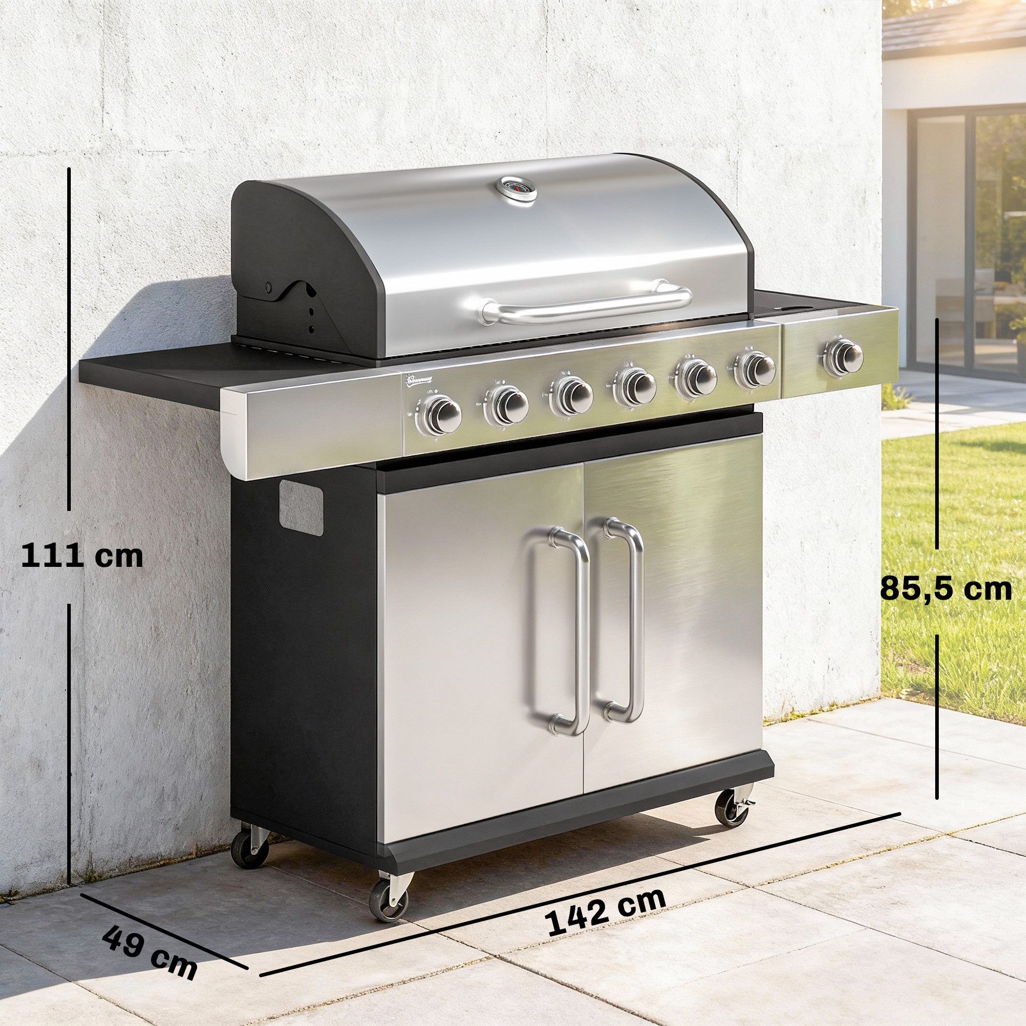 Outsunny Gasgrill inkl Rolle, Seitenbrenner, Thermometer, Gusseisen-Grillrost, Gas-Grill, BBQ Grillwagen, für Balkon BBQ Party