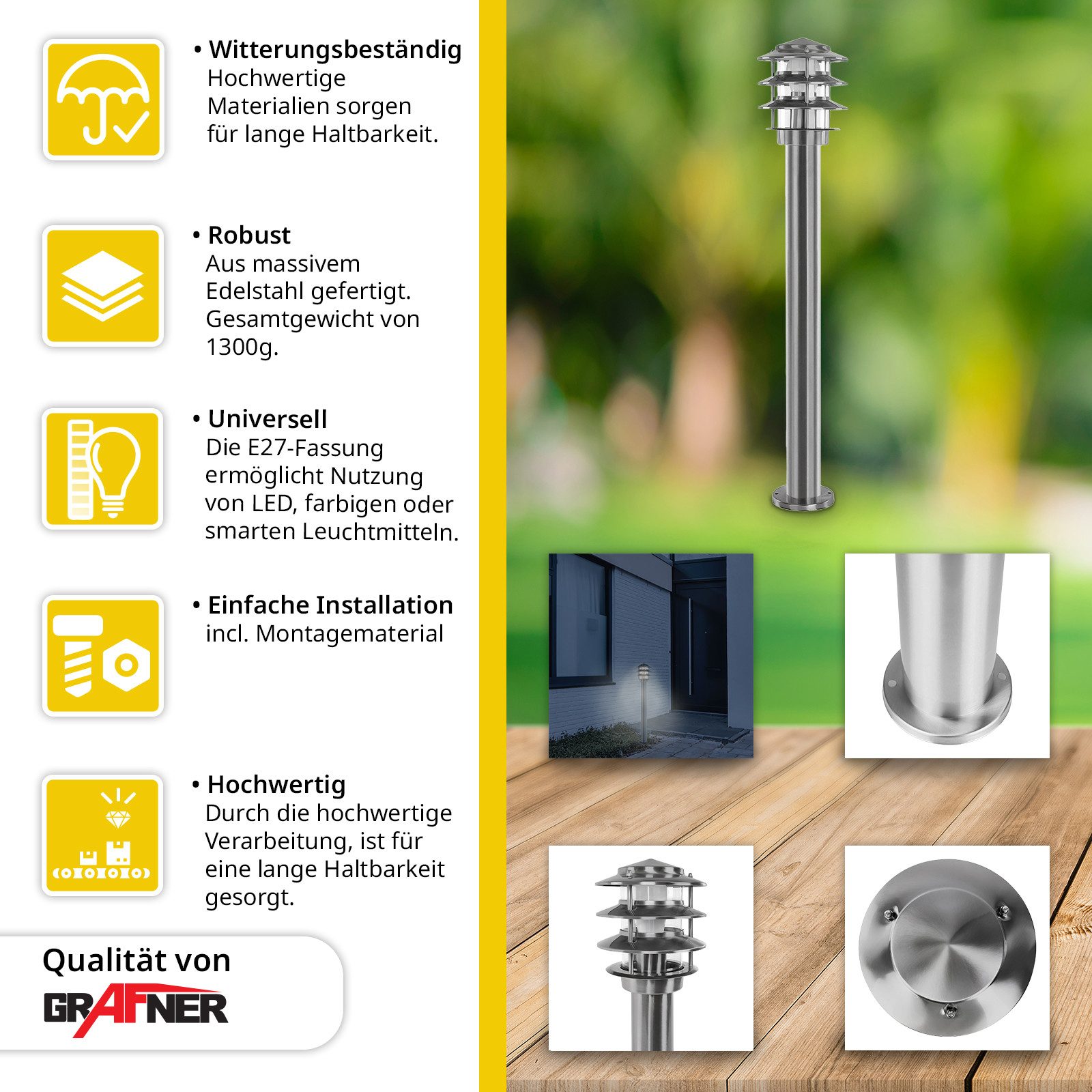 Grafner Gartenleuchte Wegleuchte Standleuchte Edelstahl WL10927, günstig online kaufen