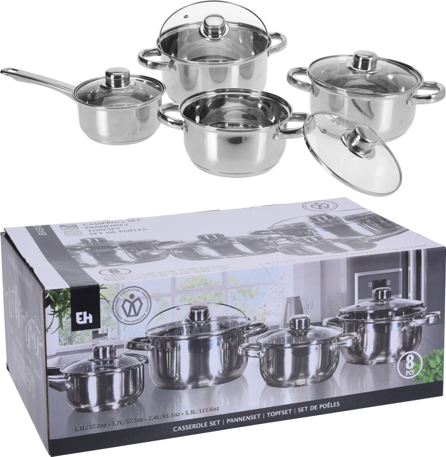 Koopman Topf-Set Kochtopfset Küchenset Edelstahl Silberfarbend 8 Tlg. Set, Aluminium (Set, 1-tlg., Packung), Silberfarbend, Gas, Kochset, Induktion, Elektro – Bild 2 von 3