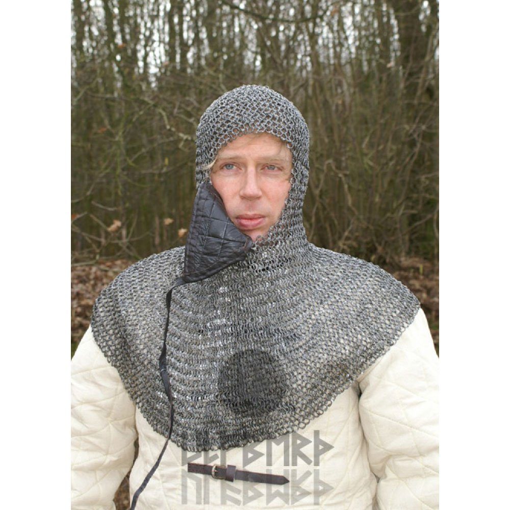 Ritter-Kostüm Kettenhaube mit dreieckigem Mundschutz, unvernietete Rundringe, Ø 8mm