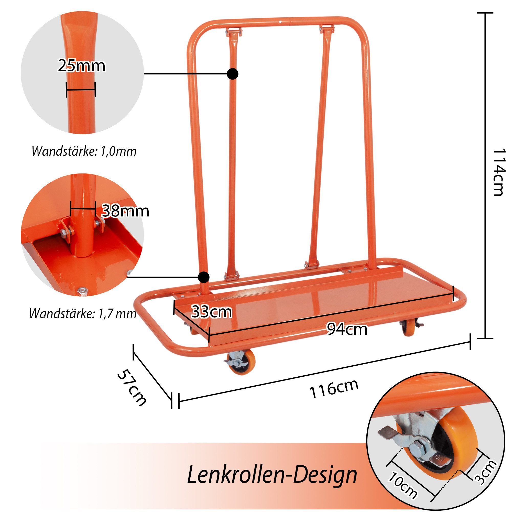 BlingBin Transport Trolley, Robust Steel, Plasterboard Transporter with Wheels and Brakes, (Set of 1, 1 pc., 116 × 57 × 114 cm), Panel Trolley, 1000 kg Load Capacity for Plasterboard and Wood Panels