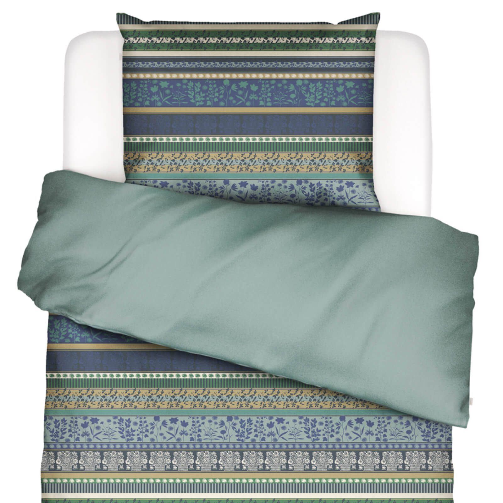 Essenza Bettwäsche Lita Surf Green Flanell, Flanell, 2 teilig, Gestreift, Blümchen