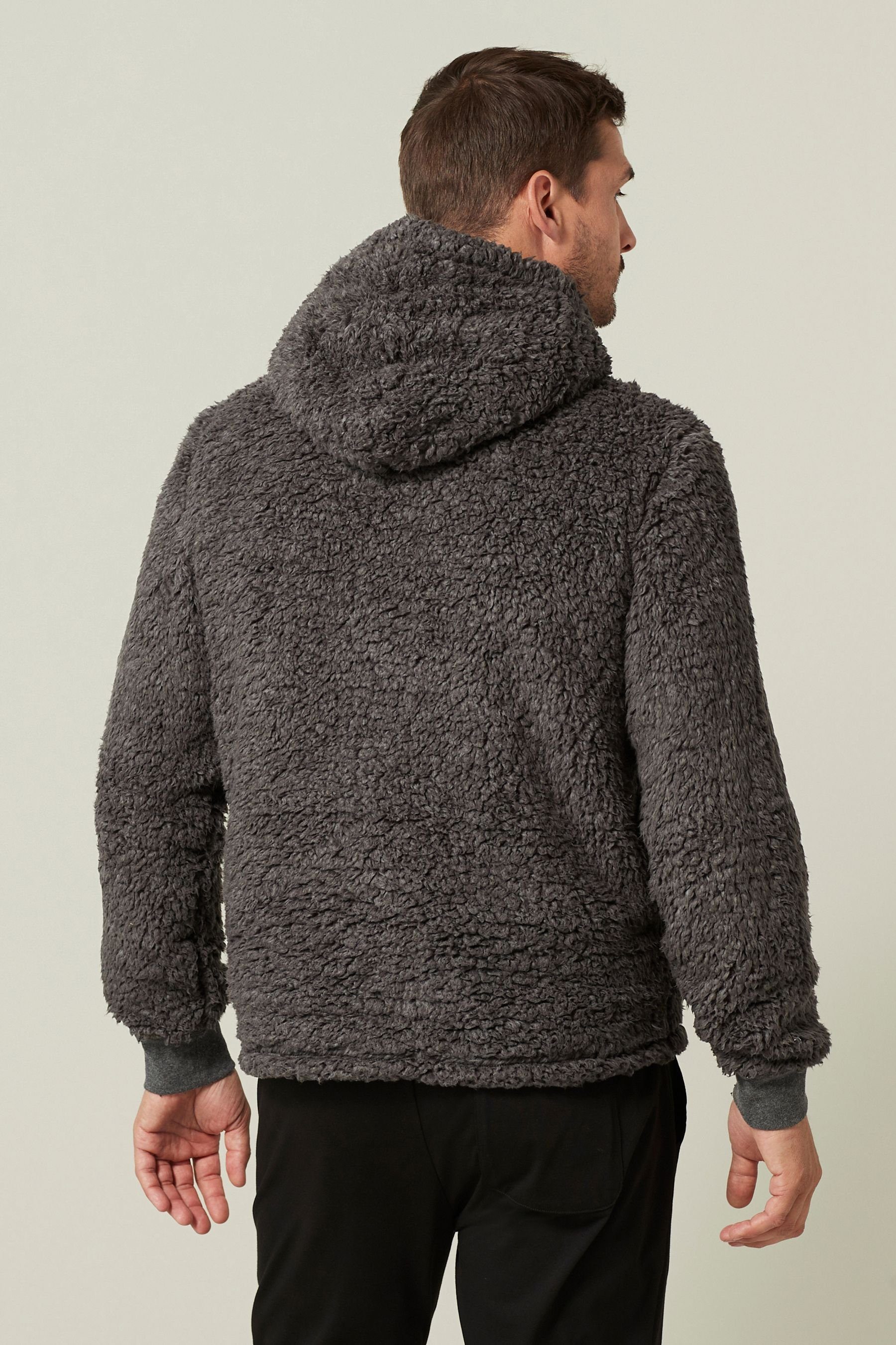 Next Kapuzensweatjacke Kapuzenjacke aus Teddyfell (1-tlg) Charcoal mit Grey Reißverschluss