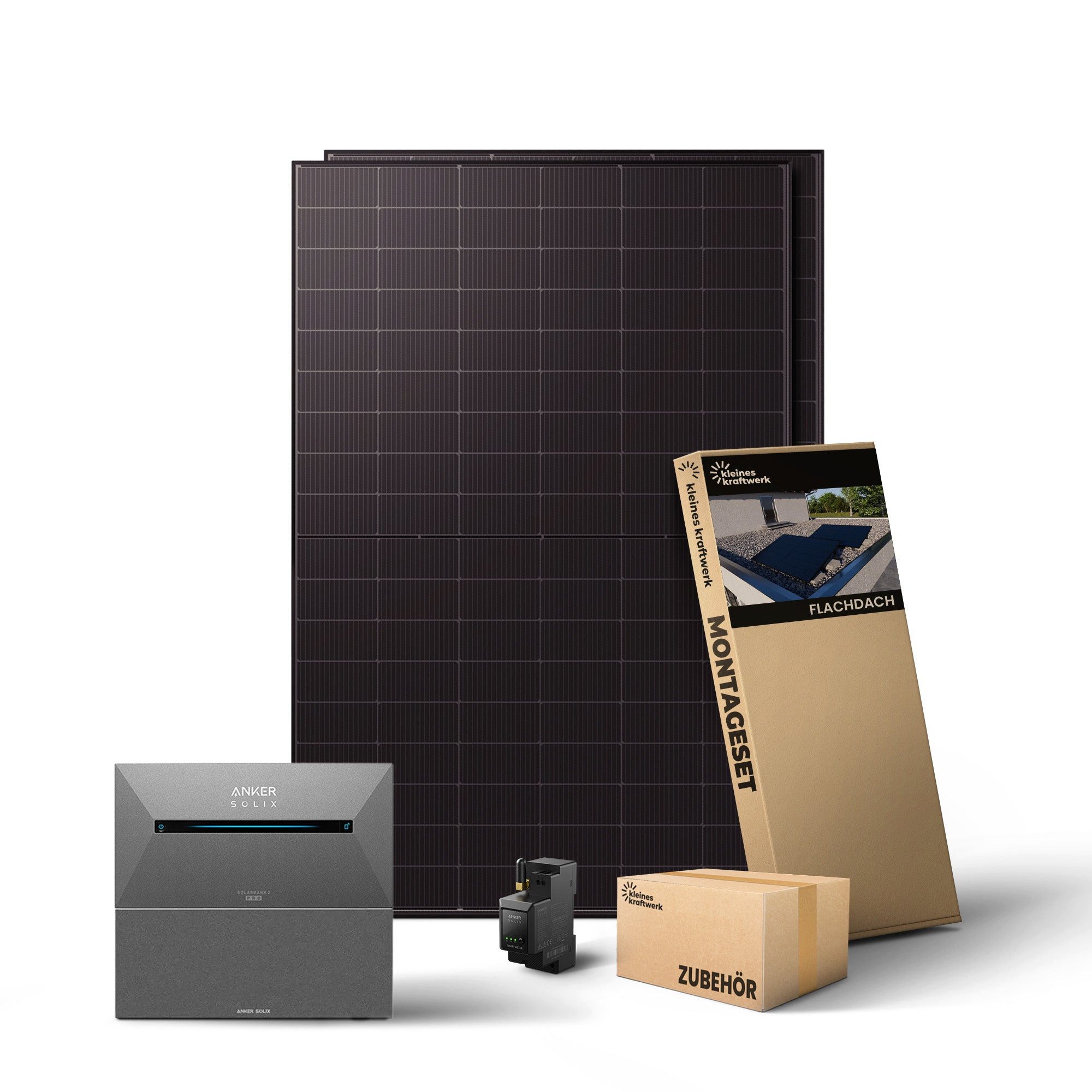 Kleines Kraftwerk Balkonkraftwerk, 1000 W, Monokristallin, (Flachdach/Garten, Solaranlage Komplettset mit Speicher), 2 x 500W, Anker Solarbank 2 Pro, Wechselrichter