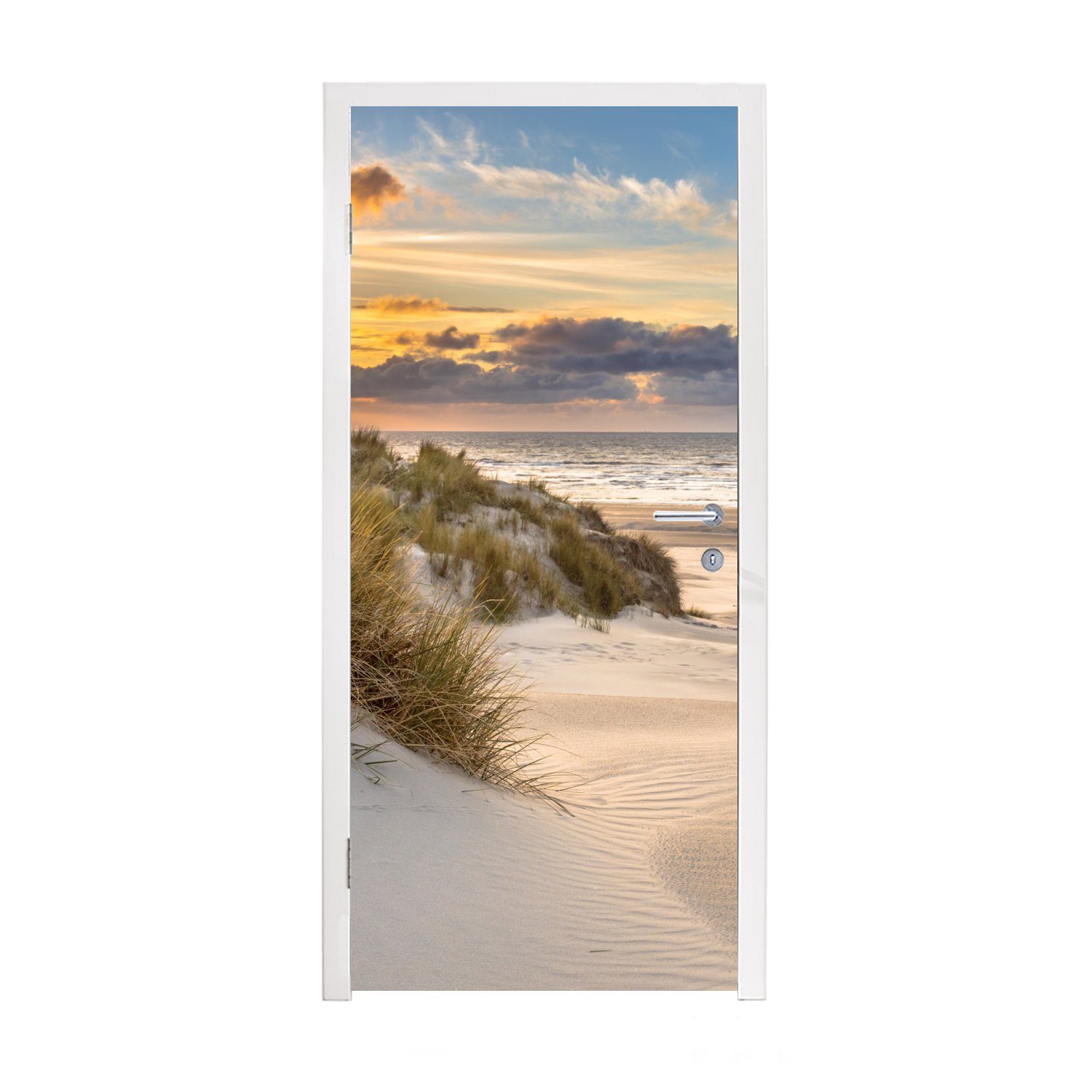 MuchoWow Türtapete Strand - Düne - Gras - Sonnenuntergang - Meer, Matt, bedruckt, (1 St), Selbstklebende Tapete, Folie für Möbel, 75x205 cm