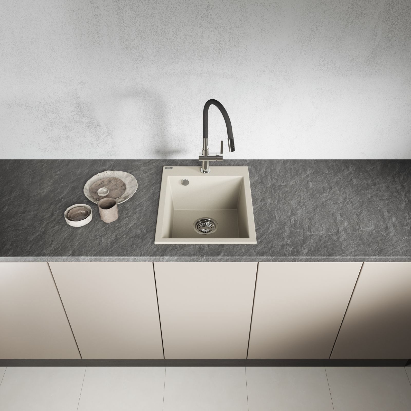 Granite sink, built-in sink CHICHI made of granite (39 × 48 cm), 1 bowl, beige kitchen sink, rectangular, matte, granite sink, rectangular sink, sink basin, kitchen equipment