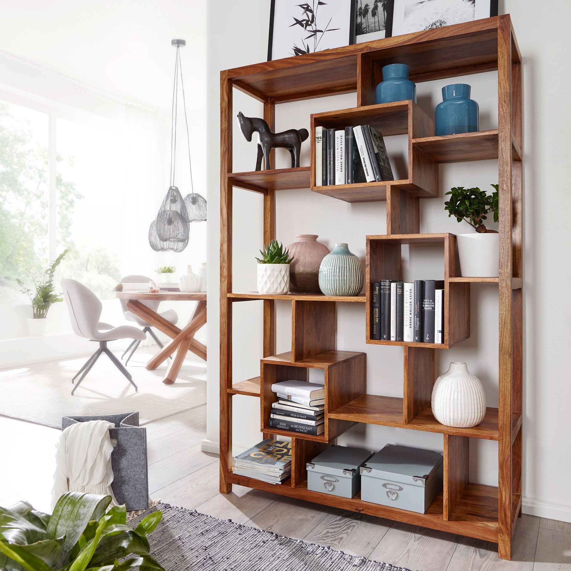 furnicato Bücherregal Standregal 180x115x40 cm Massivholz, Walnuss Finish, 1-tlg., Handgefertigtes Bücherregal mit 3 Cubes für dein Wohnzimmer