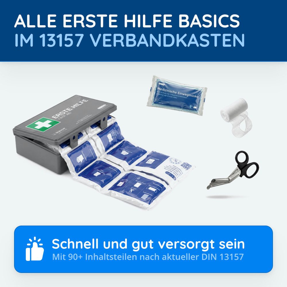 FLEXEO Erste-Hilfe-Koffer DIN 13157, Betriebsverbandkasten inkl. Wandhalterung, grau