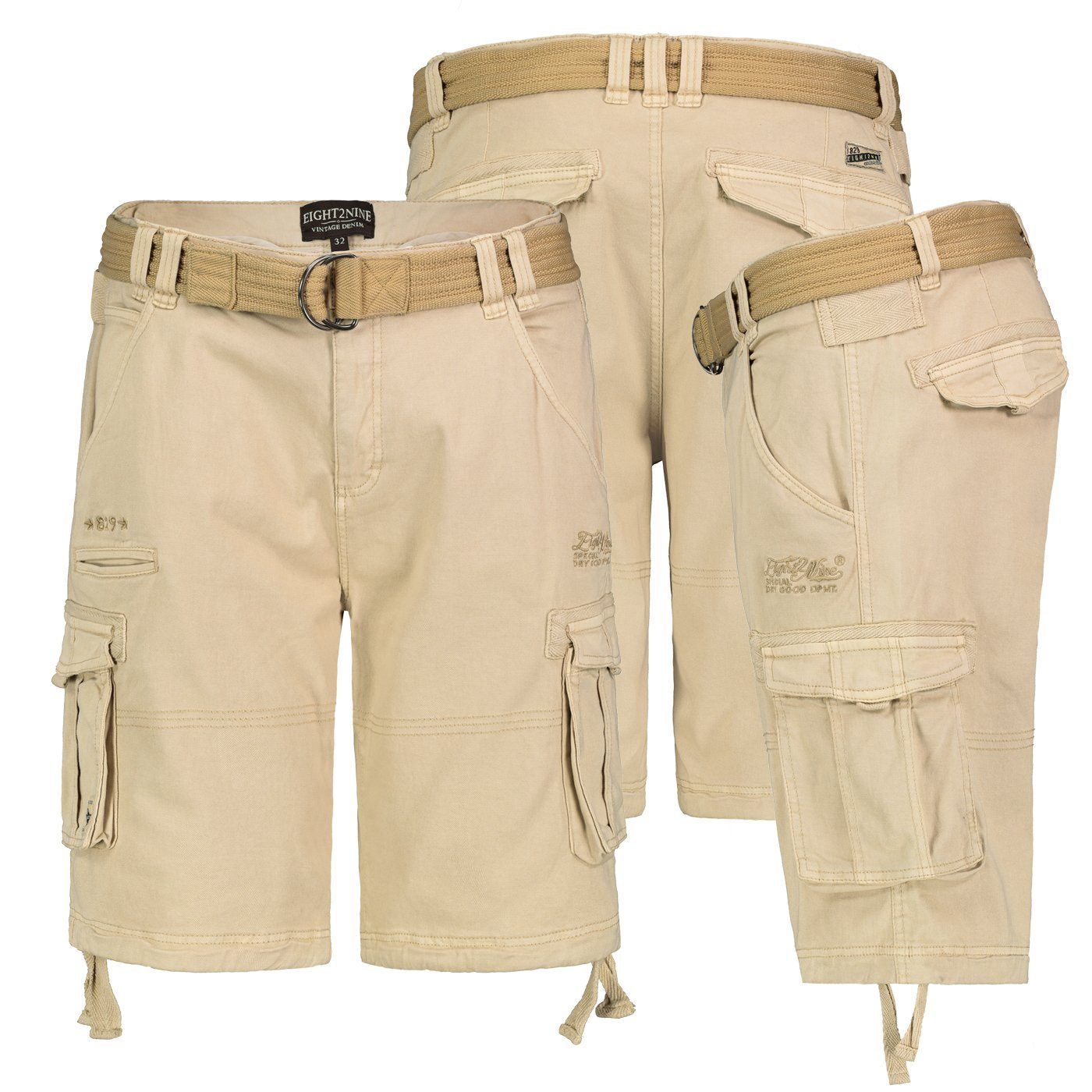 Eight2Nine Shorts Herren Cargo Shorts kurze Hose Bermuda Knielang Short Sommer + Gürtel Beige | Shorts