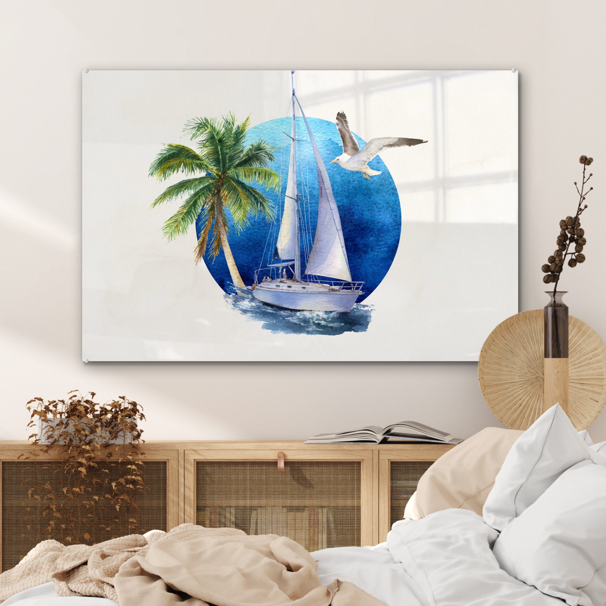 MuchoWow Wohnzimmer - - Meer, - Vogel Segelboot & (1 Palme Acrylglasbilder St), Schlafzimmer Acrylglasbild