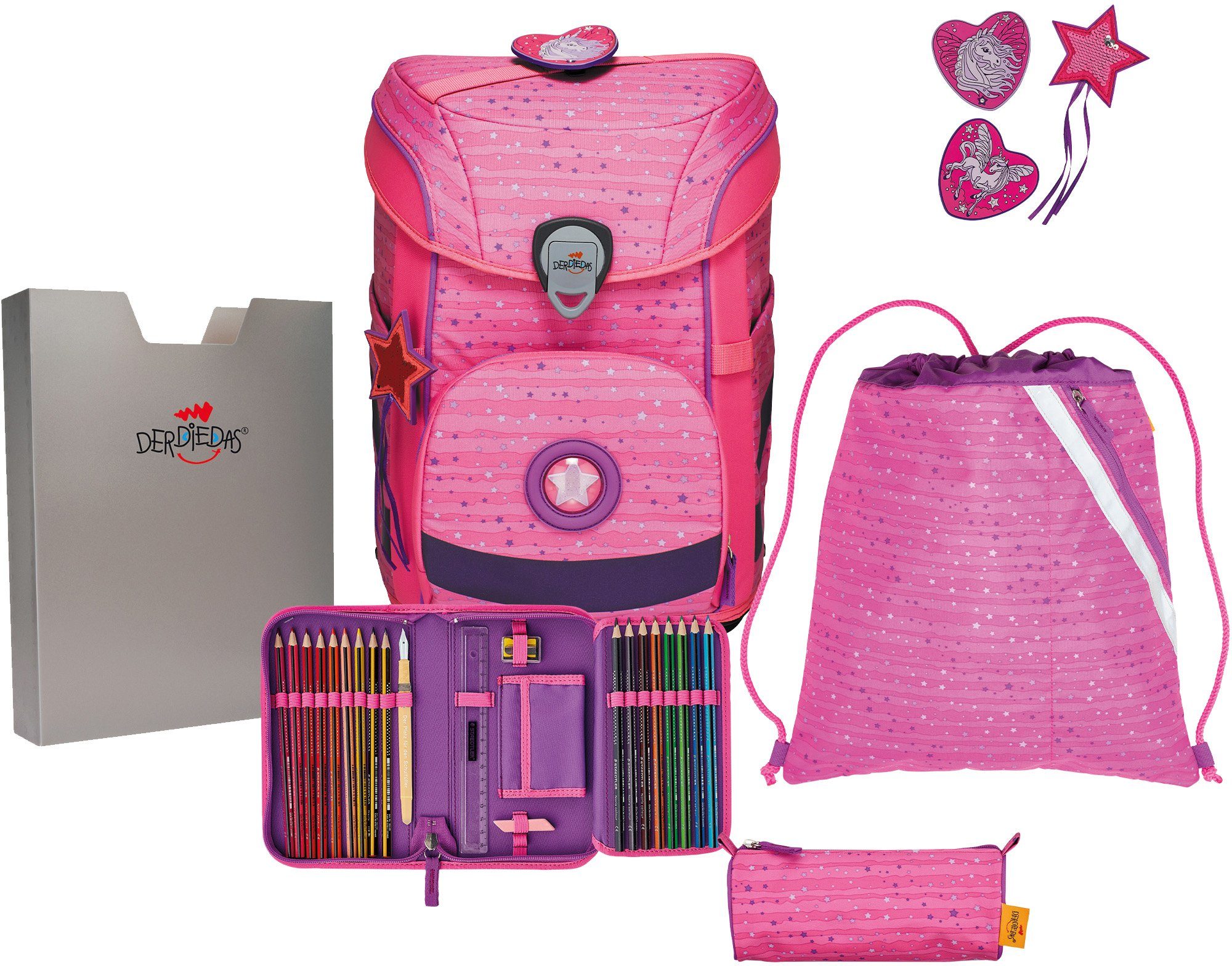 DerDieDas® Schulranzen Ergoflex Easy, Pretty Unicorn (Set, 5-tlg), enthält recyceltes Material