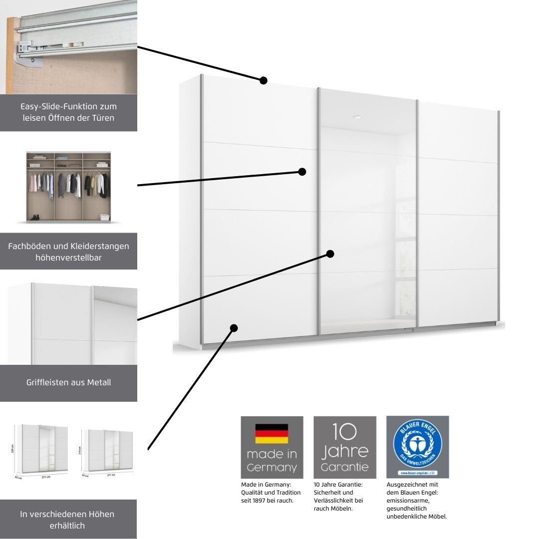 rauch Schwebetürenschrank Kleiderschrank Schrank Garderobe Wäscheschrank Ankleide KULMBACH (Breite 271 cm) in 2 Höhen erhältlich, mit Metallgriffleisten MADE IN GERMANY