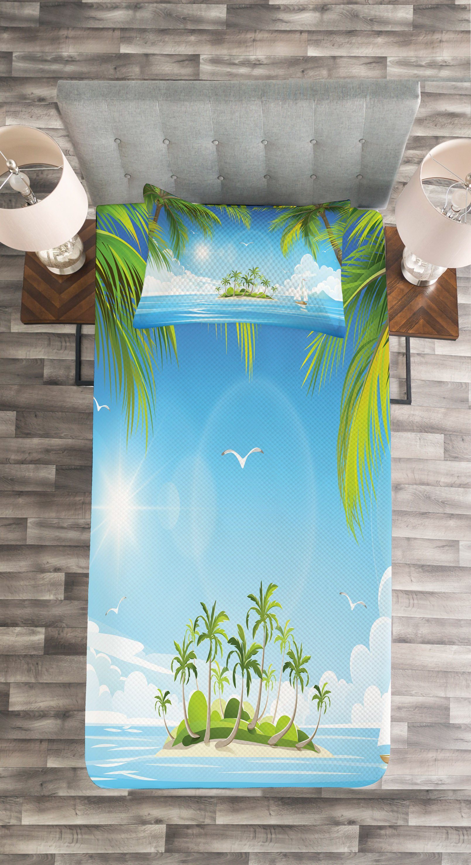 Waschbar, mit Island Palme Tagesdecke Cartoon von Tropical Set Abakuhaus, Kissenbezügen
