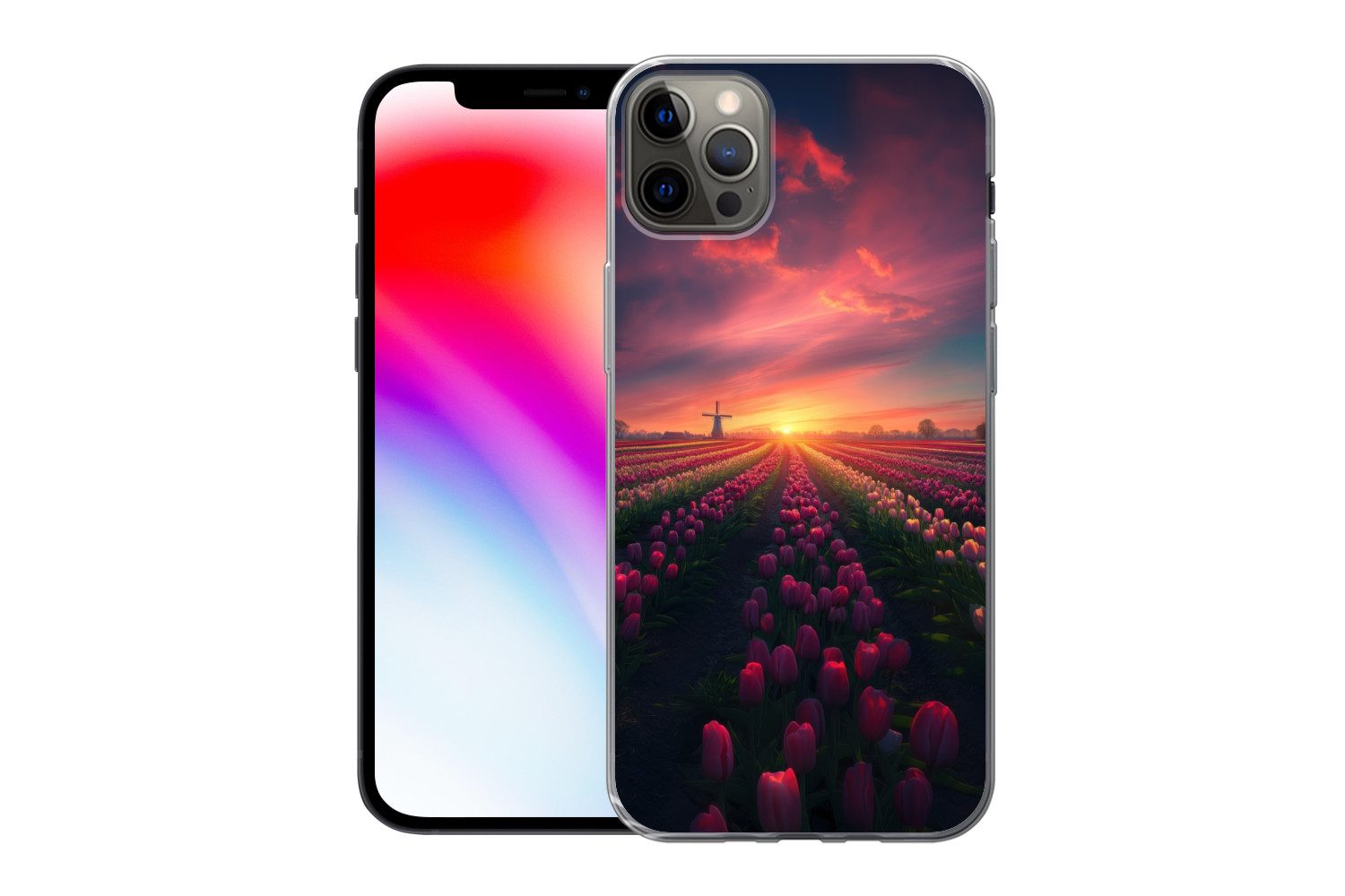 MuchoWow Handyhülle für Apple iPhone 13 Pro Max Windmühle - Sonnenuntergang - Landschaft, Smartphone-Bumper, Print, Handy Schutzhülle Dünn