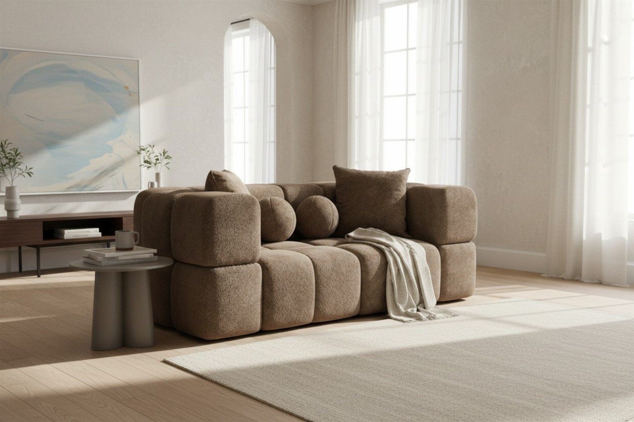 Fun Möbel 3-Sitzer Sofa Designersofa VEGA in Strukturstoff Egon, Auch im Set erhältlich 1 Teile, Inkl. zwei Zier- und zwei Dekokissen