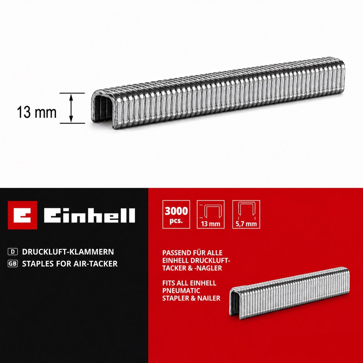 Einhell Tackerklammer Klammern 13 mm 3.000 Stk, 5,7 x 13 mm für Fixetto + Druckluft-Tacker – Bild 2 von 4