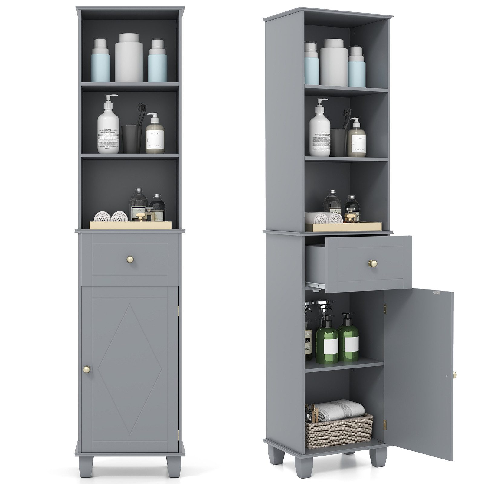 COSTWAY Badkommode, schmal Hochschrank Bad mit Schublade Holz 172cm