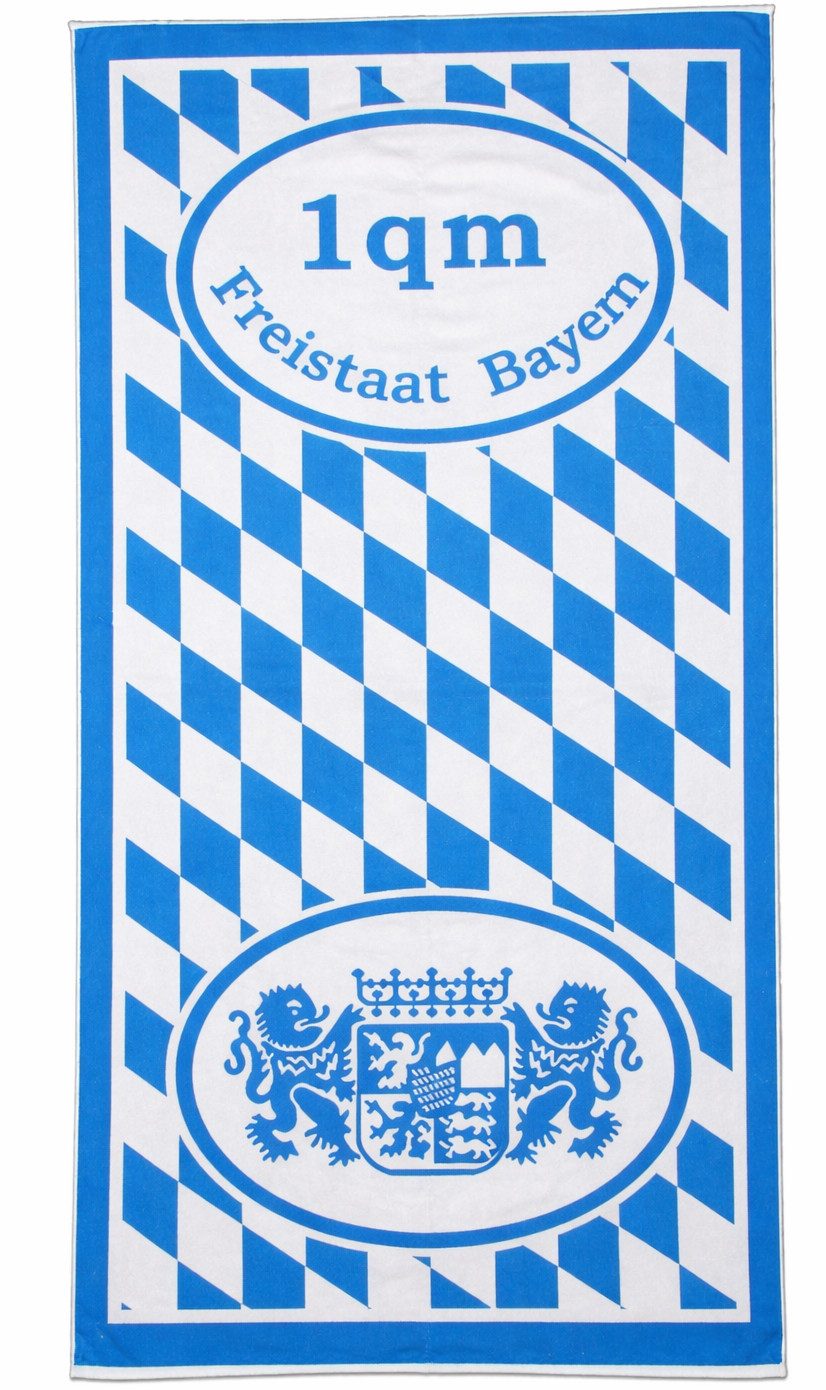 KH-Haushaltshandel Duschtuch Frottier Duschtuch Badetuch, Motiv: 1 qm Freistaat Bayern, Frottier (1-St), mit Wappen und Rauten, blau weiss, 70 x 150 cm, Strandlaken, Saunatuch