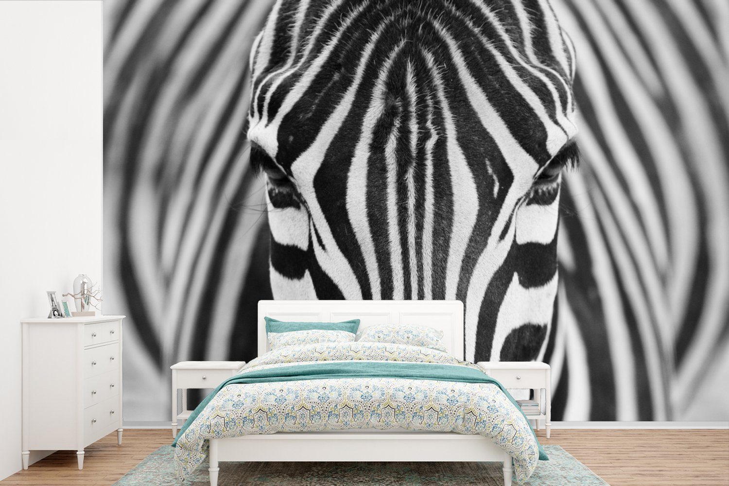 MuchoWow Fototapete Zebra - Tiere - Schwarz und weiß - Porträt, Matt, bedruckt, (6 St), Wallpaper für Wohnzimmer, Schlafzimmer, Kinderzimmer, Vinyl Tapete