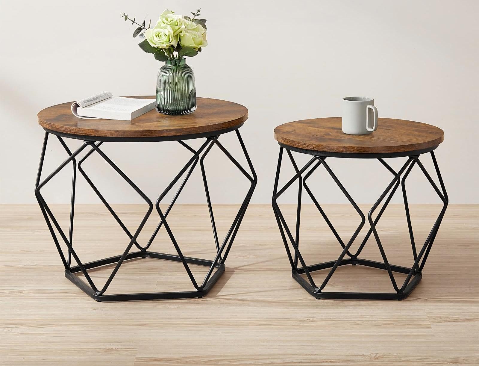 VASAGLE Couchtisch 2er Set Wohnzimmertisch abnehmbare Tischplatte (2er Set, inkl. Zubehörpaket & Anleitung, Holz), Beistelltisch, abnehmbare Tischplatte, Ø50x40cm+Ø40x36cm