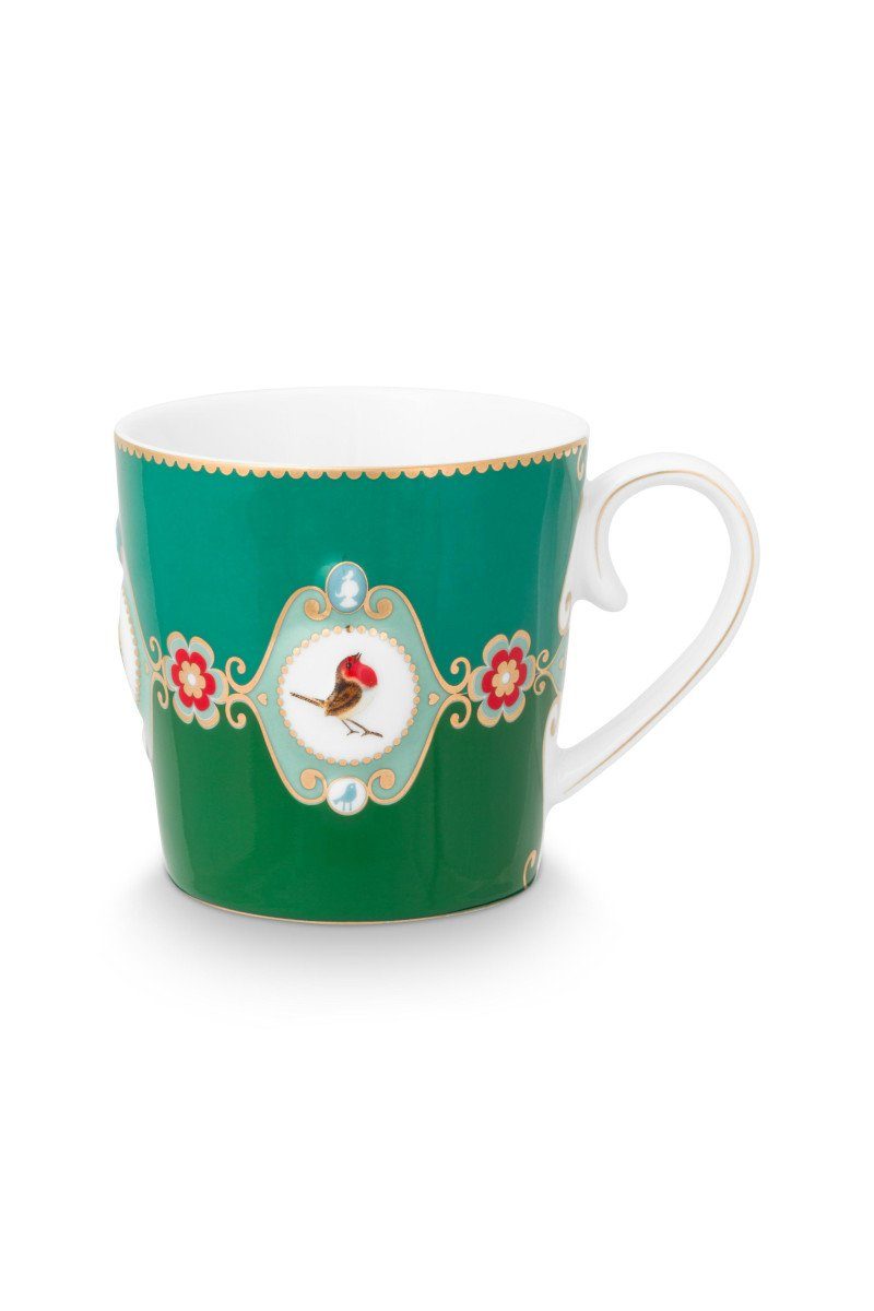 PiP Studio Кружки Love Birds Medallion Henkelbecher grün 250ml, Bone China, Mug Large Love Birds Medallion Emerald-Green 250ml