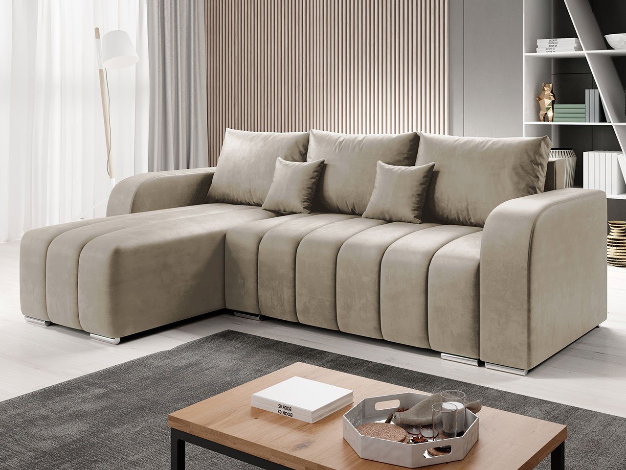 MIRJAN24 Ecksofa mit 02 Manila Bettkasten, Schlaffunktion Pufetto, und Metallfüße, universal Kissen-Set, L-Form