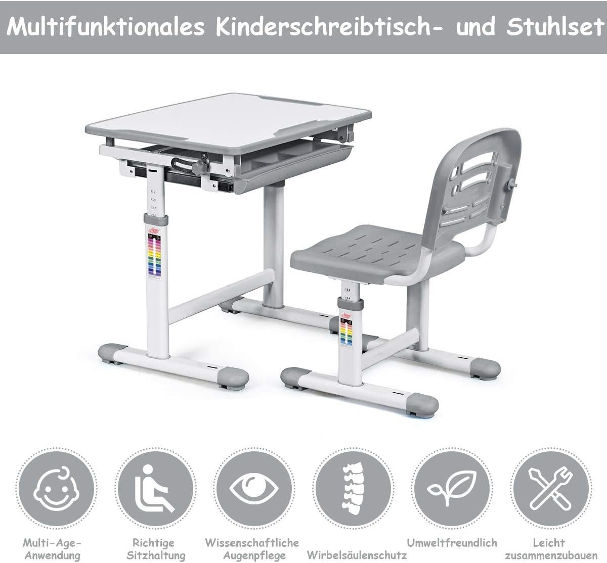 KOMFOTTEU Kinderschreibtisch mit Stuhl & höhenverstellbar (Set), neigbar grau